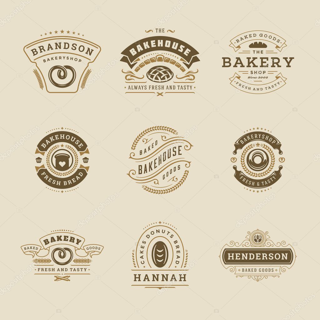 Bakery logos and badges design templates set vector illustration. Good for bakehouse and cafe emblems. Retro typography elements and silhouettes.