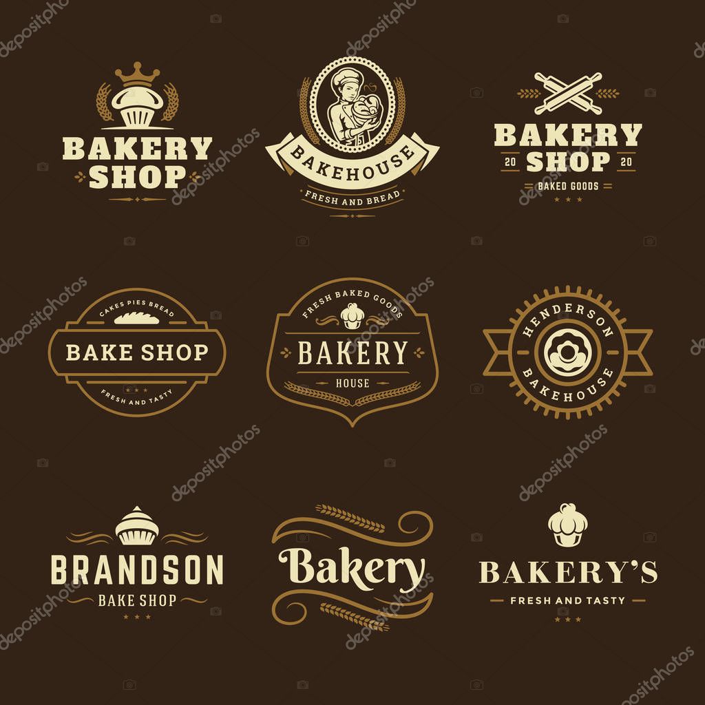 Bakery logos and badges design templates set vector illustration. Good for bakehouse and cafe emblems. Retro typography elements and silhouettes.
