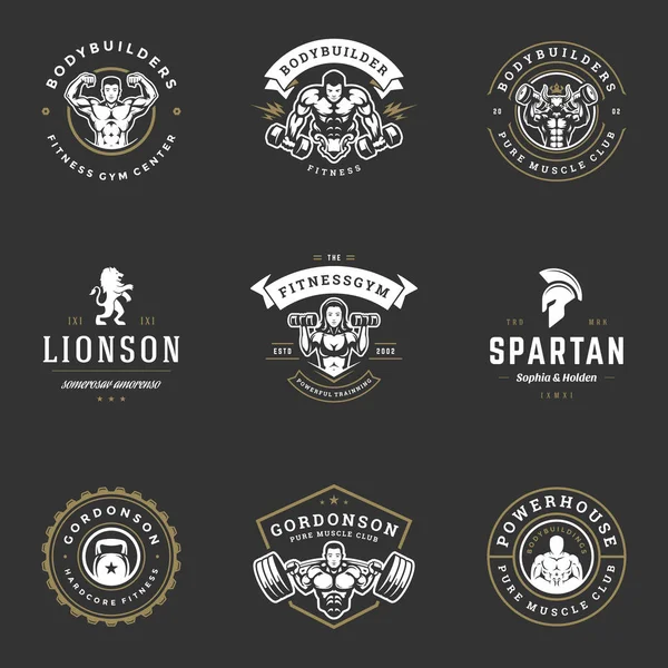 Scenografi fitness center och sport gym logotyper och emblem — Stock vektor