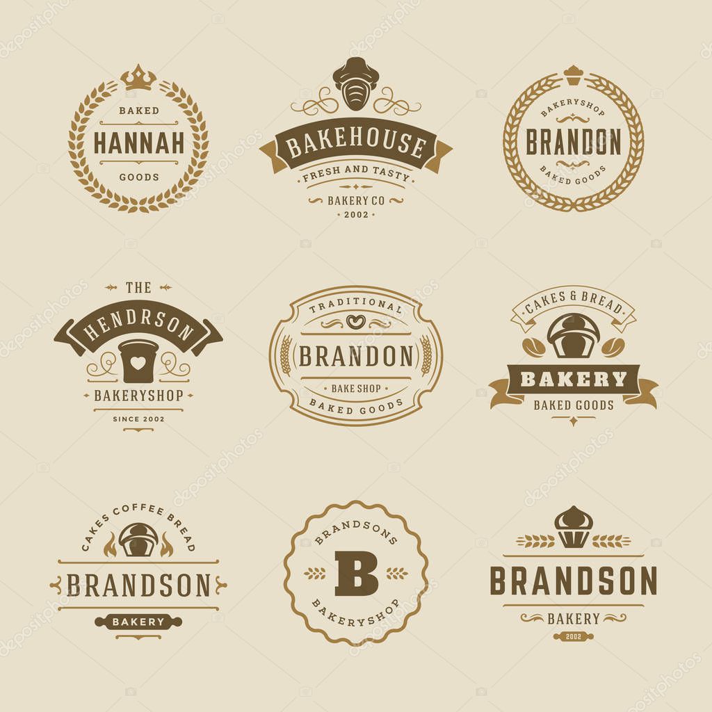 Bakery logos and badges design templates set vector illustration. Good for bakehouse and cafe emblems. Retro typography elements and silhouettes.