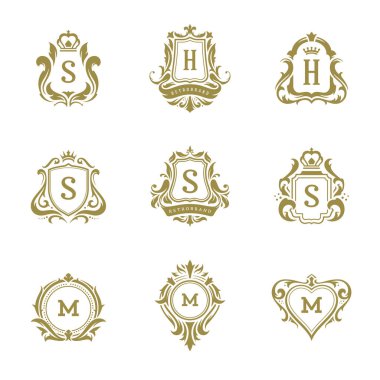 Lüks logolar Monogram kret tasarım şablonları kümesi vektör çizim. Royal vintage vignette süsler markalar.