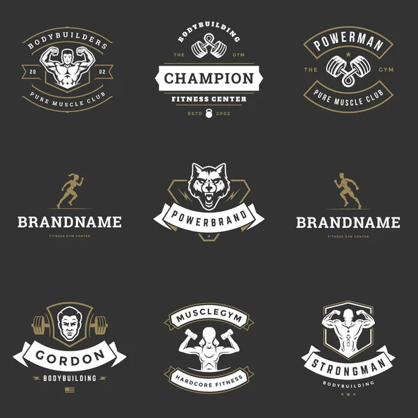 Logos Badges Centre Fitness Gymnase Sportif Illustration Vectorielle Ensemble Conception — Image vectorielle