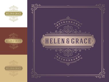 Lüks logo şablonu vektör vintage süslemeleri geliştirir. Kraliyet arması, butik markası, lüks şablonlu otel tabelası..