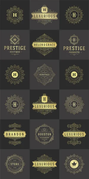 Lüks logolar şablonları kümesi, kaligrafi zarif süsleme satırları gelişir. Moda Tasarımcısı iş işareti, rozetleri ve zarif sorguç, butik marka, royal Restoran, otel işareti, Monogram.