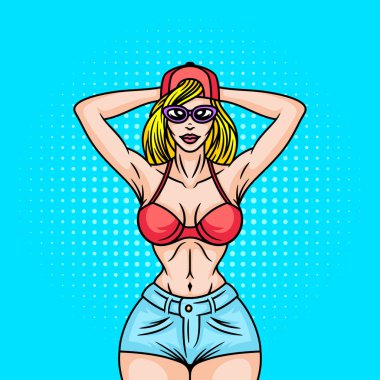 Pozitif pop sanat tarzı kız ya da kadın 90'lı yılların moda kalış şapkalı. Genç kadın çizgi roman yüz güneş gözlüğü. Yarı ton yaz retro vektör arka plan.