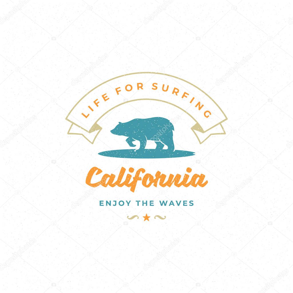 Surfing typography slogan and bear on surf silhouette vector illustration. California, enjoy the wave message.