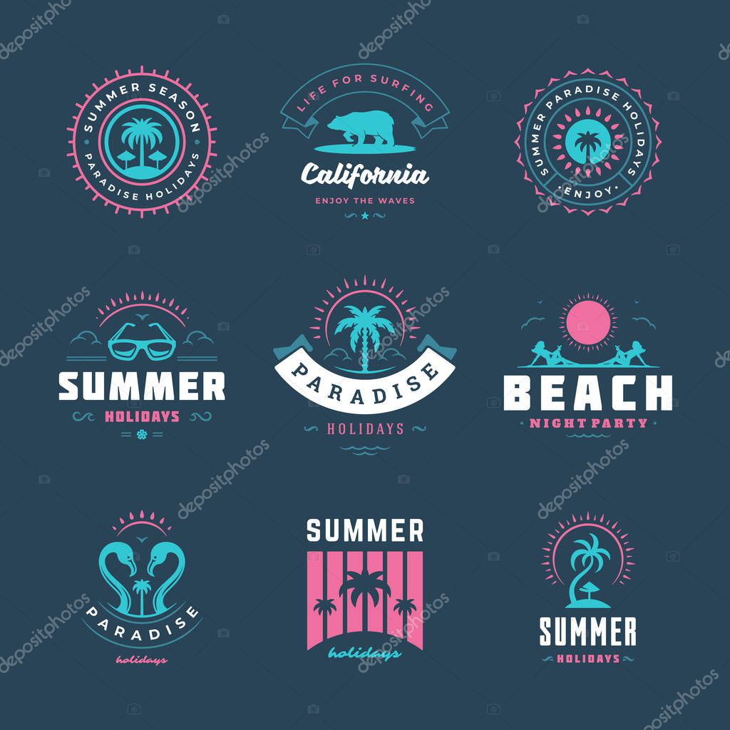 Summer holidays labels and badges retro typography design set. Templates for greeting cards, posters and apparel design. Vector illustration.