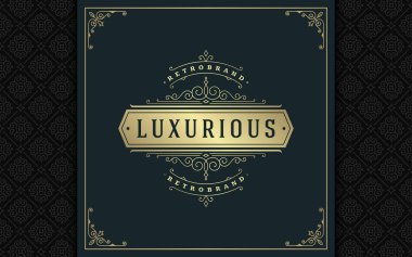 Lüks logo şablonu vektör altın vintage süsleme gelişir. Kraliyet arması, butik marka, Düğün Salonu, otel işareti için iyi. Çerçeve ve desen arka plan.