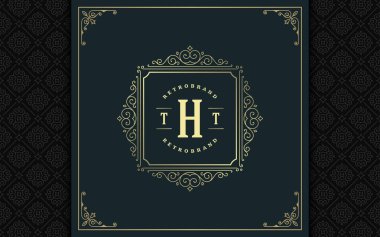 Lüks logo şablonu vektör altın vintage süsleme gelişir. Kraliyet arması, butik marka, Düğün Salonu, otel işareti için iyi. Çerçeve ve desen arka plan.