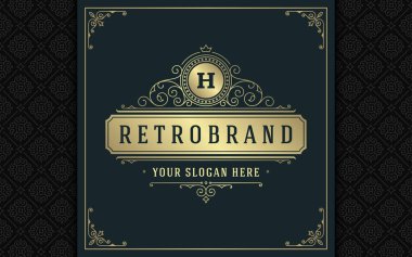 Lüks logo şablonu vektör altın vintage süsleme gelişir. Kraliyet arması, butik marka, Düğün Salonu, otel işareti için iyi. Çerçeve ve desen arka plan.