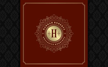 Lüks logo şablonu vektör altın vintage süsleme gelişir. Kraliyet arması, butik marka, Düğün Salonu, otel işareti için iyi. Çerçeve ve desen arka plan.