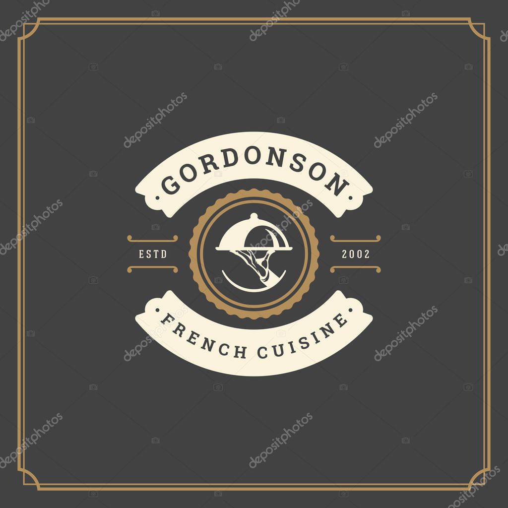 Restaurant logo template vector illustration. Waiter hand holding tray silhouette, good for restaurant menu and cafe badge. Vintage typography emblem design.