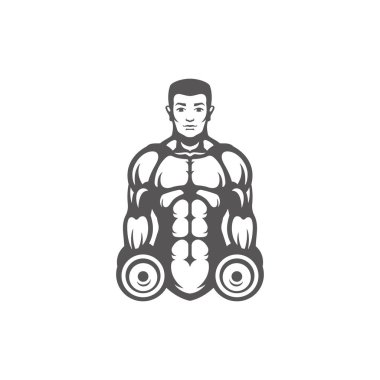 Adam vücut geliştirmeci beyaz arka plan vektör illüstrasyon izole dumbbells siluet kaldırma.