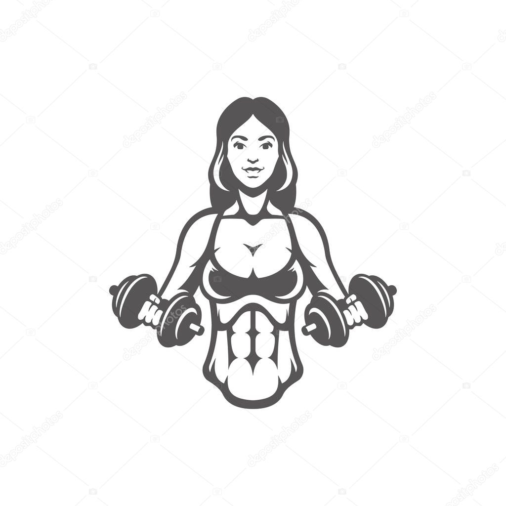 Woman bodybuilder lifting dumbbells silhouette isolated on white background vector illustration.