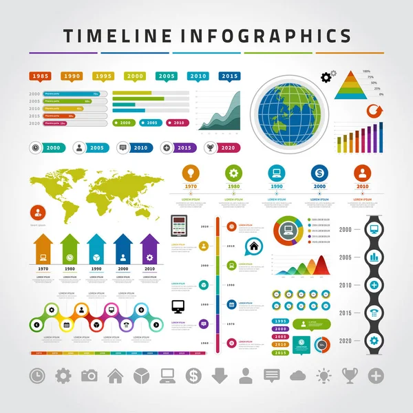 Timeline infographics design templates set. Charts, diagrams, icons, objects, vector elements for data, presentations — Stock Vector