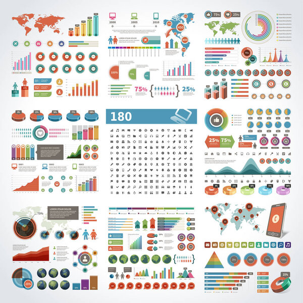 Infographics design templates set. Charts, diagrams, objects, vector elements for statistics design and 180 icons