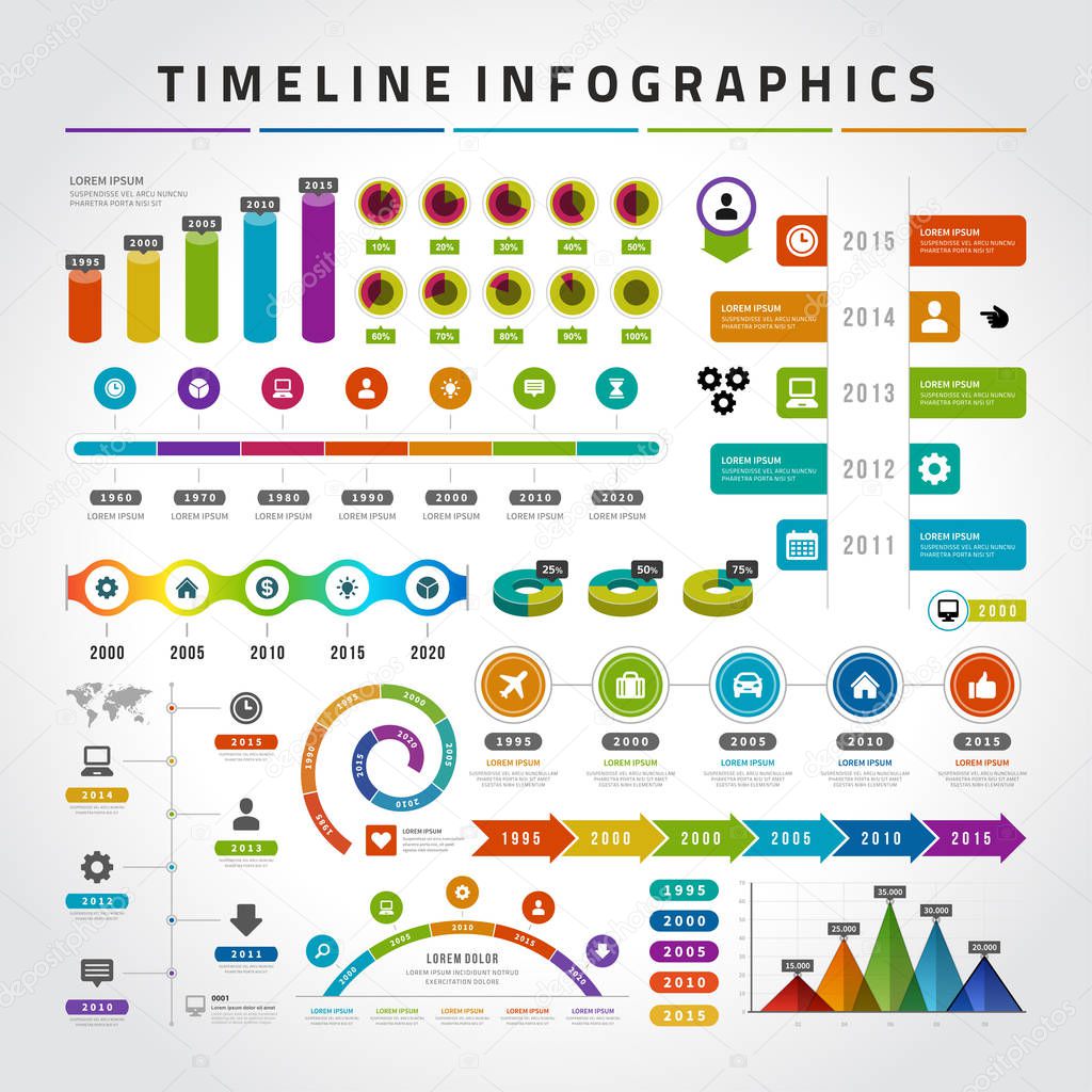 Timeline infographics design templates set. Charts, diagrams, icons, objects, vector elements for data, presentations