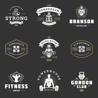 Fitness Merkezi ve spor salonu logoları ve rozetler tasarım vektör çizimi.