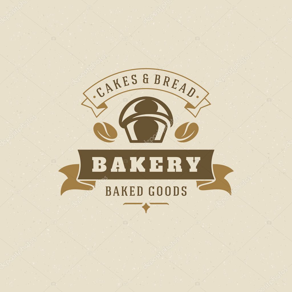 Bakery badge or label retro vector illustration. Cupcake and coffee bean silhouettes for bakehouse. Vintage typographic logo design.