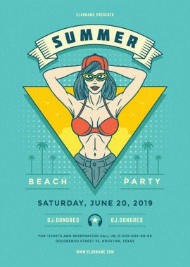 Yaz plaj parti Flyer veya poster şablonu 90s pop sanat tipografi tarzı tasarım.