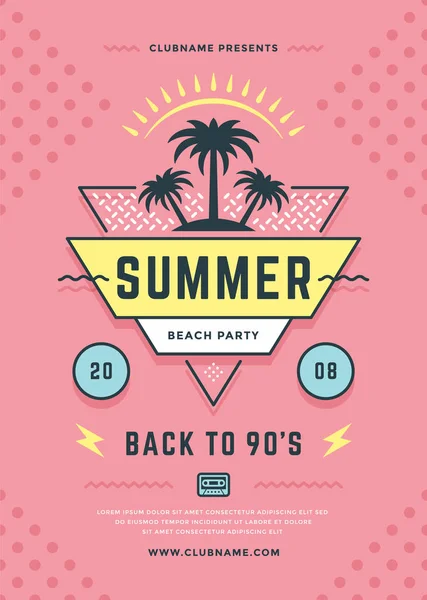 Volante de fiesta de playa de verano o plantilla de póster 90s tipografía estilo diseño . — Archivo Imágenes Vectoriales