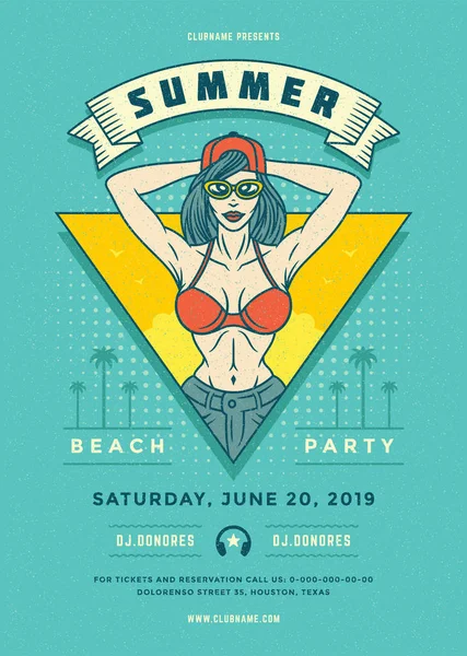 Summer beach party flyer or poster template 90s pop art typography style design. — Stock Vector