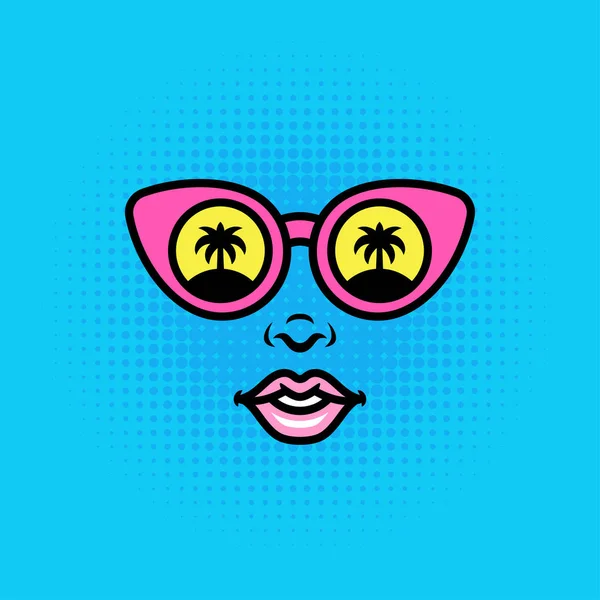 Style pop art positif fille ou femme visage dans les lunettes de soleil — Image vectorielle