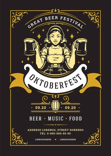 Folheto Oktoberfest ou cartaz tipografia retro modelo design willkommen zum cerveja fesival celebração vetor ilustração — Vetor de Stock