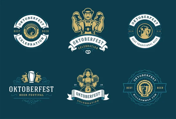 Oktoberfest insignias y etiquetas conjunto vintage tipográfico diseño vector plantillas . — Archivo Imágenes Vectoriales