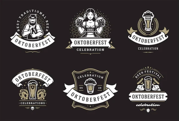 Oktoberfest badges and labels set vintage typographic design templates vector illustration. — Stock Vector