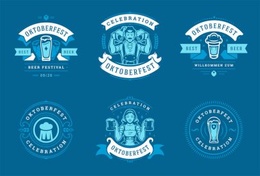 Oktoberfest rozetleri ve Etiketler set Vintage tipografi tasarım şablonları vektör illüstrasyon.