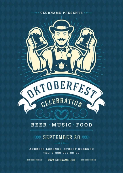 Oktoberfest Flyer eller affisch retro typografi mall design ölfestival firande vektor illustration. — Stock vektor