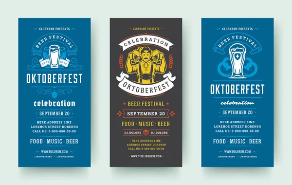 Os folhetos ou as bandeiras de Oktoberfest ajustaram modelos tipográficos do projeto do vintage. — Vetor de Stock
