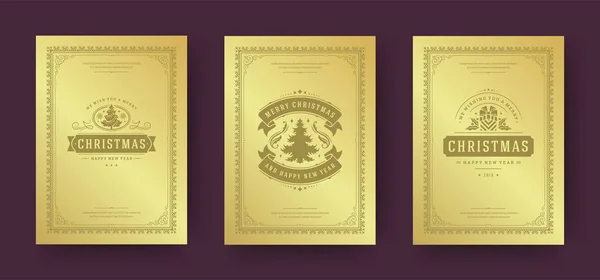 Weihnachtsgrußkarten gestalten, Dekorationssymbole mit Baum verzieren, Winterurlaub wünscht Vintage-Typografie — Stockvektor