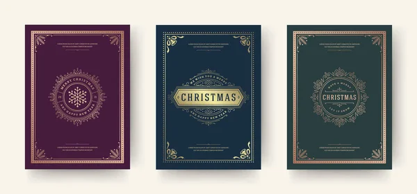 Weihnachtsgrußkarten Vintage typografisches Design, verzierte Dekorationssymbole mit Schneeflocke, Winterurlaubswünsche — Stockvektor