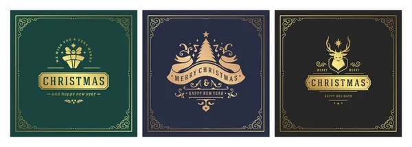 Banderas cuadradas de Navidad diseño tipográfico vintage, decoraciones adornadas símbolos vector ilustración — Vector de stock