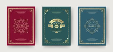 Noel tebrik kartları vintage tipografik tasarım, köknar ağacı ile süslü süslemeler semboller, kış tatili dilek