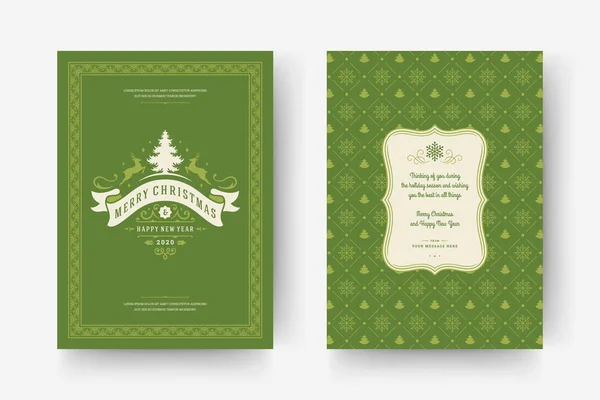 Tarjeta de felicitación navideña diseño tipográfico vintage, adornos adornados símbolos con árbol, vacaciones de invierno deseo — Vector de stock