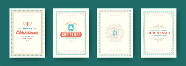 Cartões de Natal design tipográfico vintage ornamentado decorações símbolos com férias de inverno deseja ilustração vetorial — Vetor de Stock