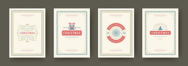 Tarjetas de Navidad vintage diseño tipográfico adornado decoraciones símbolos con vacaciones de invierno deseos vector ilustración — Vector de stock