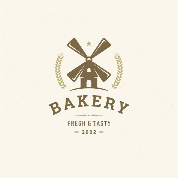 Bakery logo or badge vintage vector illustration mill silhouette for bakery sho