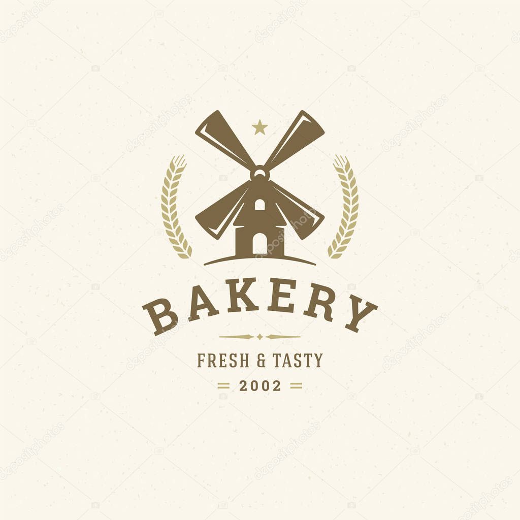 Bakery logo or badge vintage vector illustration mill silhouette for bakery shop. Retro typographic logotype design.