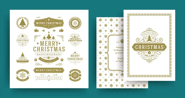 Kerst etiketten en badges vector ontwerpelementen set met wenskaart sjabloon. — Stockvector