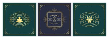 Noel kare afişleri klasik tipografik tasarım, süslü dekorasyon sembolleri vektör illüstrasyonu