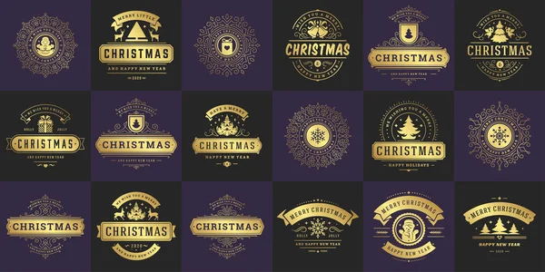 Kerstvector typografie versierde labels en badges, gelukkig nieuwjaar en wintervakantie wensen voor vector illustratie — Stockvector