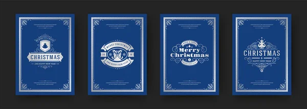 Tarjetas de felicitación de Navidad diseño vintage, símbolos decorativos adornados y vacaciones de invierno deseos vector ilustración — Vector de stock