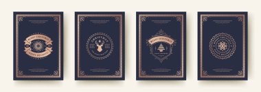 Noel tebrik kartları vintage tasarım, süslü dekorasyon sembolleri ve kış tatilleri vektör illüstrasyon istiyor