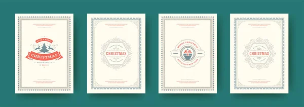 Tarjetas de Navidad vintage diseño tipográfico adornado decoraciones símbolos con vacaciones de invierno deseos vector ilustración — Vector de stock