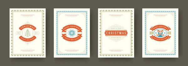 Χριστουγεννιάτικες κάρτες vintage τυπογραφικός σχεδιασμός περίτεχνα διακοσμητικά σύμβολα με χειμερινές διακοπές ευχές διανυσματική απεικόνιση — Διανυσματικό Αρχείο