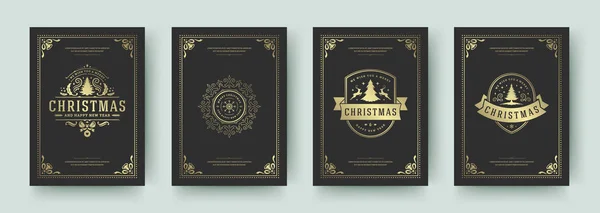 Weihnachtsgrußkarten Vintage-Design, kunstvolle Dekorationssymbole und Winterurlaubswünsche Vektorillustration — Stockvektor